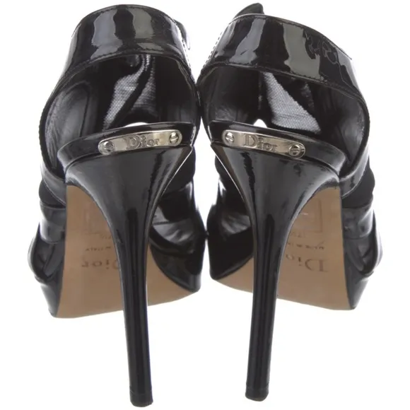 CHRISTIAN DIOR Black patent Leather Mesh Accents Sandals size 37