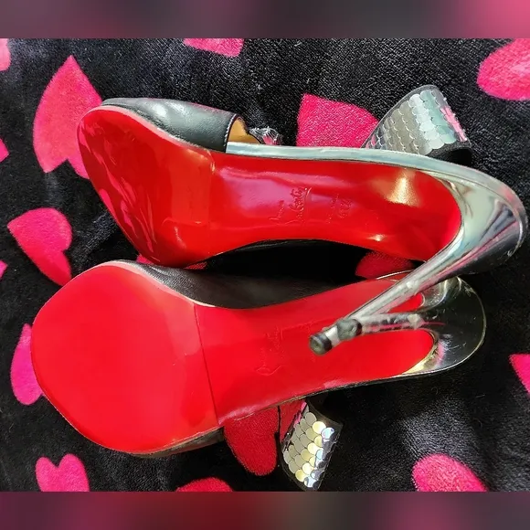Christian Louboutin Silver Gltter Slingack Sandals, 41.5 Wear. New Soles