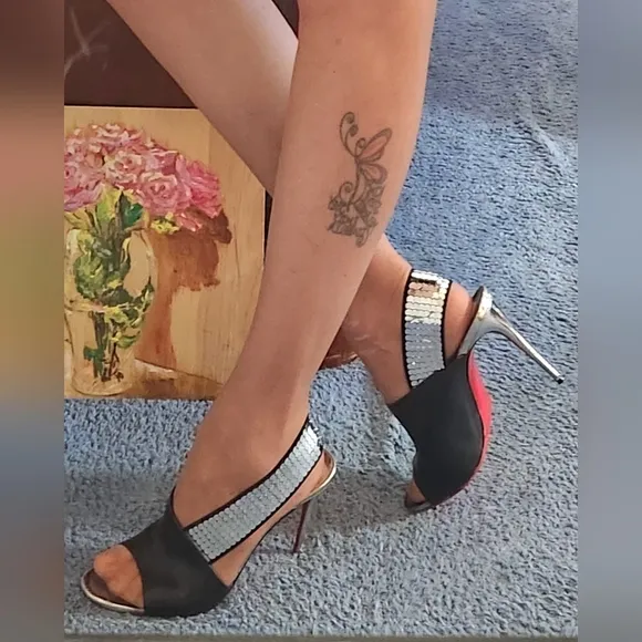 Christian Louboutin Silver Gltter Slingack Sandals, 41.5 Wear. New Soles
