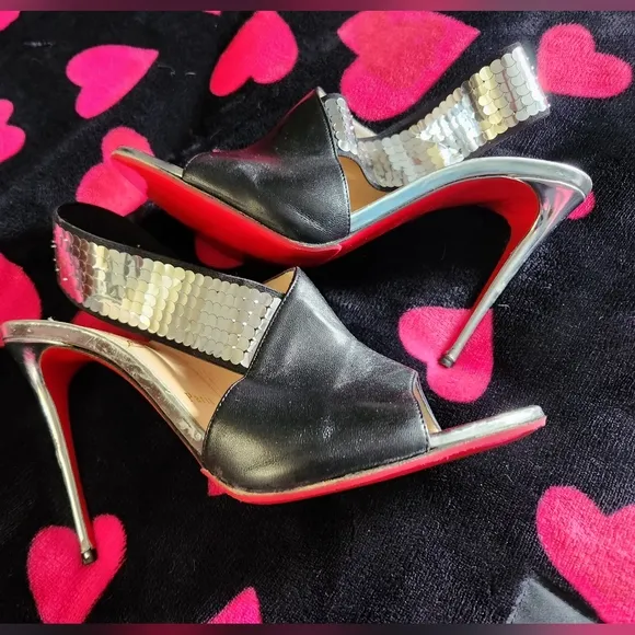 Christian Louboutin Silver Gltter Slingack Sandals, 41.5 Wear. New Soles
