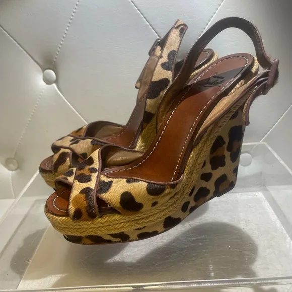 CHristian Louboutin wedge pony hair sandals heels leopard sz 37