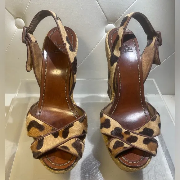 CHristian Louboutin wedge pony hair sandals heels leopard sz 37
