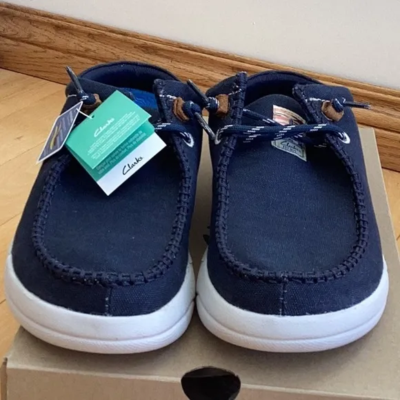Clarks Driftlite Surf navy blue canvas slip on shoes, men’s size 10