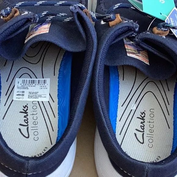 Clarks Driftlite Surf navy blue canvas slip on shoes, men’s size 10