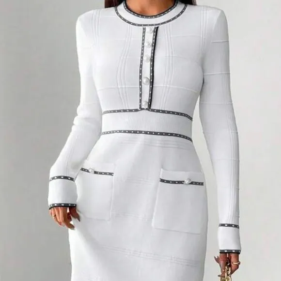 Classic Elegant Waisted Round Neck Sweater Dress