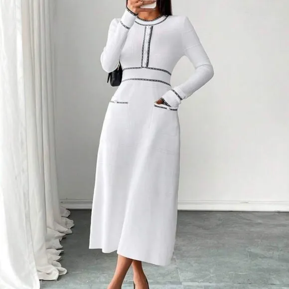 Classic Elegant Waisted Round Neck Sweater Dress
