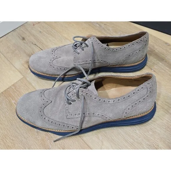 Cole Haan Wing Tip Suede Shoes Mens 11M Gray Blue Soles Work Dressy Leather Hip