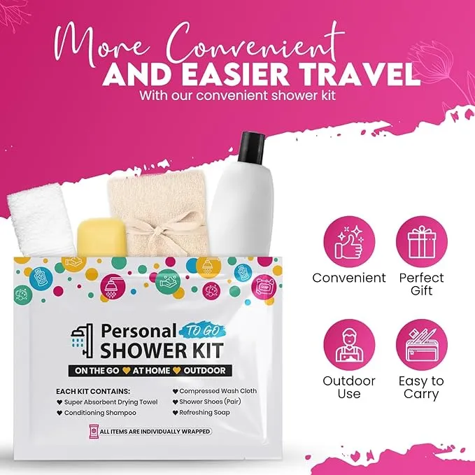 Compact Personal Shower Kit To-Go (Multi-Color) – Your Hygiene Companion for Travel, Gym, Camping | Shower on the Go | Shampoo, Soap, Towel. All in One (100)