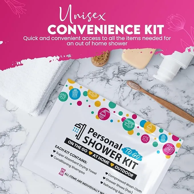 Compact Personal Shower Kit To-Go (Multi-Color) – Your Hygiene Companion for Travel, Gym, Camping | Shower on the Go | Shampoo, Soap, Towel. All in One (100)