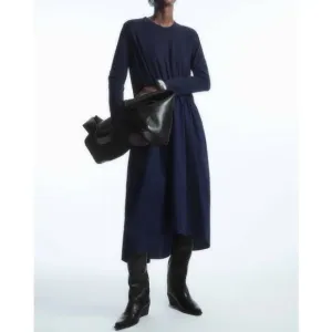 COS ASYMMETRIC GATHERED-WAIST MIDI DRESS Navy Size L