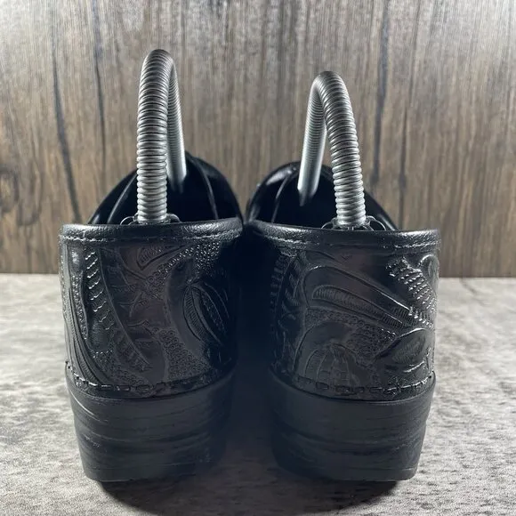 Dansko Professional Clog Womens 38 Black Tooled Leather Embossed Slip On Shoes