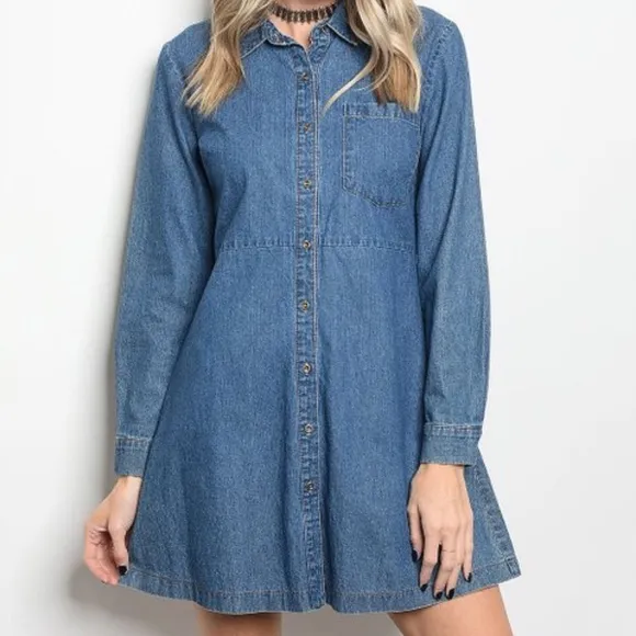DENIM FLARED HEM BUTTON UP DRESS