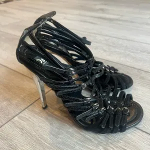 Dolce &amp; Gabbana black patent leather cage strappy sandals metallic heel 37/6