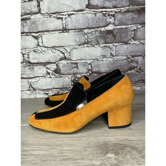 DORATEYMUR Marigold Suede Black Leather Split Designer Mule Heels Women Sz 38EU