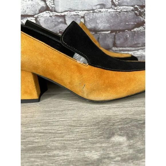 DORATEYMUR Marigold Suede Black Leather Split Designer Mule Heels Women Sz 38EU