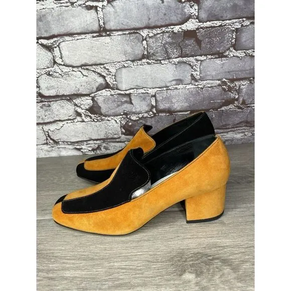 DORATEYMUR Marigold Suede Black Leather Split Designer Mule Heels Women Sz 38EU
