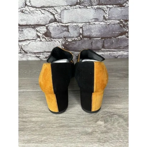 DORATEYMUR Marigold Suede Black Leather Split Designer Mule Heels Women Sz 38EU