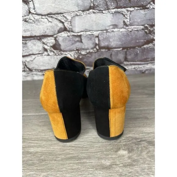 DORATEYMUR Marigold Suede Black Leather Split Designer Mule Heels Women Sz 38EU