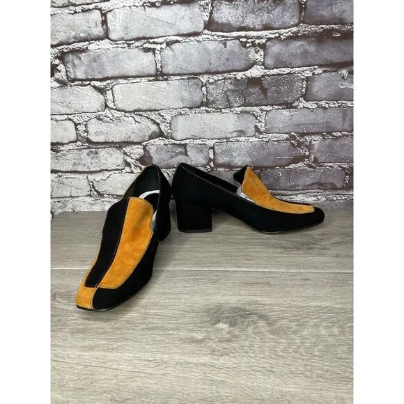 DORATEYMUR Marigold Suede Black Leather Split Designer Mule Heels Women Sz 38EU