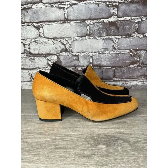 DORATEYMUR Marigold Suede Black Leather Split Designer Mule Heels Women Sz 38EU