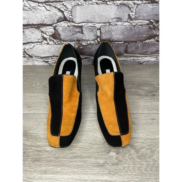 DORATEYMUR Marigold Suede Black Leather Split Designer Mule Heels Women Sz 38EU