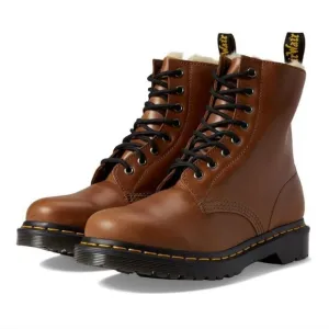 Dr. Martens 146p Serena Lace Up Brown Leather faux Fur Lined Boots yellow stitch