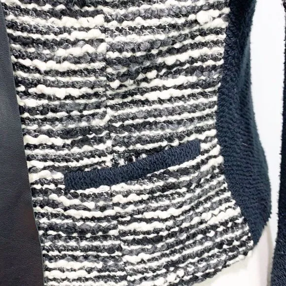 Drew Black &amp; White Boucle Tweed Textured Blazer Leather Details XS