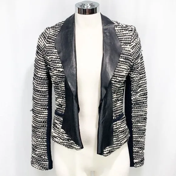 Drew Black &amp; White Boucle Tweed Textured Blazer Leather Details XS