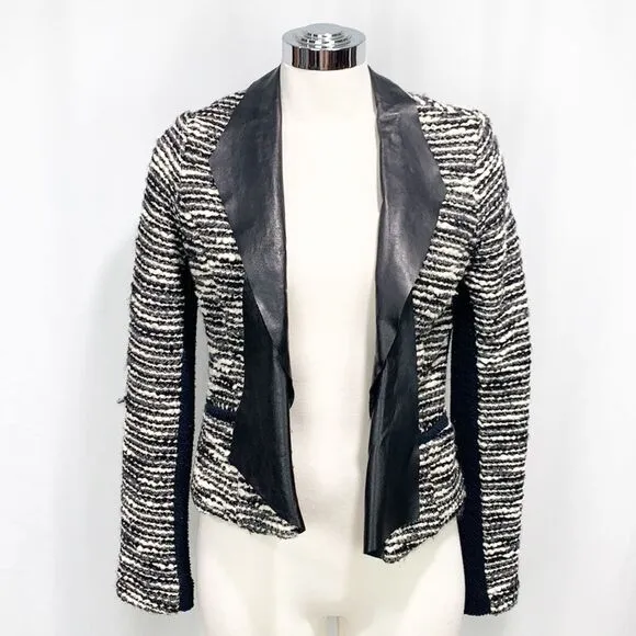 Drew Black &amp; White Boucle Tweed Textured Blazer Leather Details XS