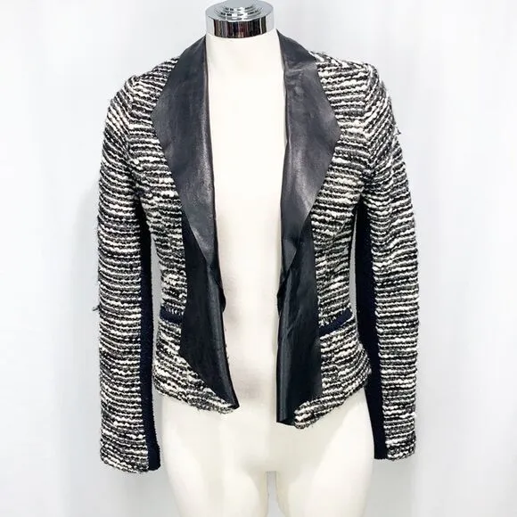 Drew Black &amp; White Boucle Tweed Textured Blazer Leather Details XS