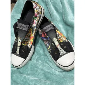 Ed Hardy Laceless Y2K Tattoo Love Kills Rose Skulls Don Slip On Shoes Men Size 8