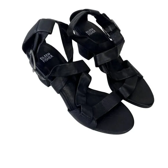 Eileen Fisher Patsy Black Leather Heels 8