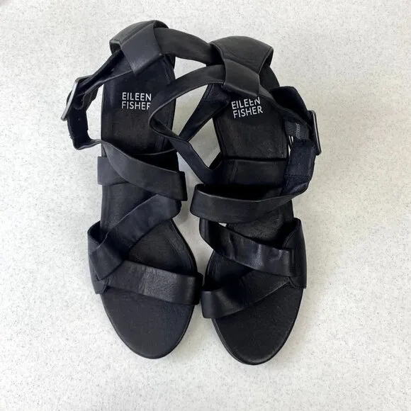 Eileen Fisher Patsy Black Leather Heels 8
