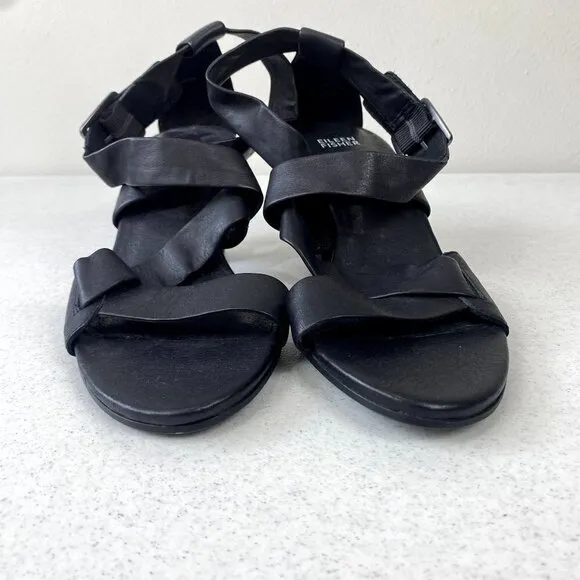 Eileen Fisher Patsy Black Leather Heels 8