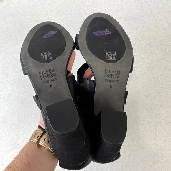 Eileen Fisher Patsy Black Leather Heels 8