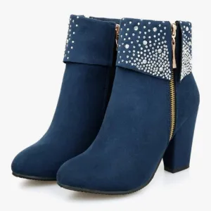 Elegant Blue Ankle Boots with Rhinestone Detailing