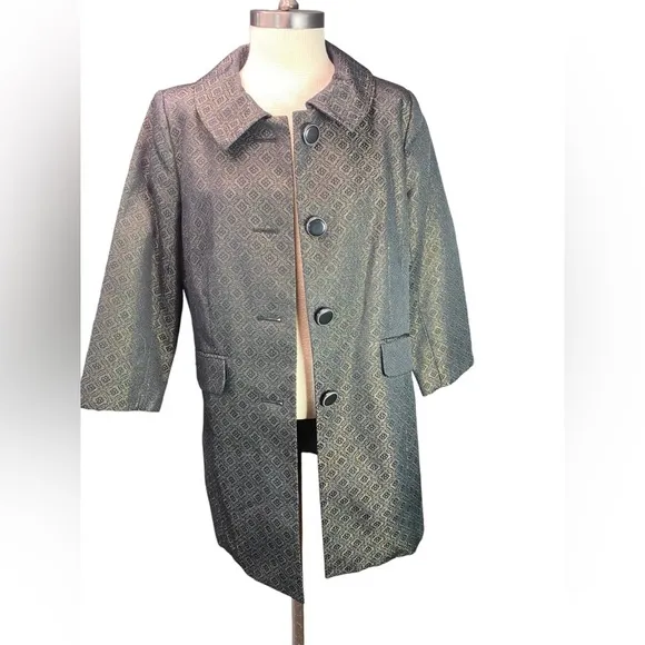 ELEGANT EUC Apostrophe LG Black/Gold Car Coat. Mid Length.