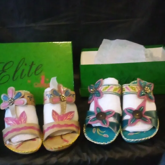 Elite leather heels 2&quot; Floral Sandals Set, 2 for price of 1, colorful &amp; fun