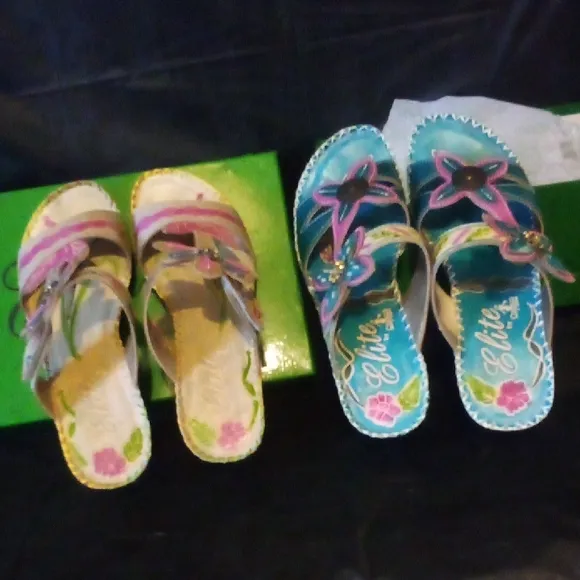 Elite leather heels 2&quot; Floral Sandals Set, 2 for price of 1, colorful &amp; fun