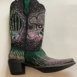 Embellished Green and Black Western Boots