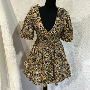 English Factory plunge v smocked cotton mini dress, size XS