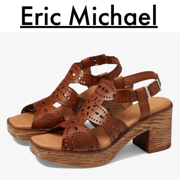 ERIC MICHAEL WHITNEY LEATHER CUTOUT BLOCK HEELED SANDALS **NIB**