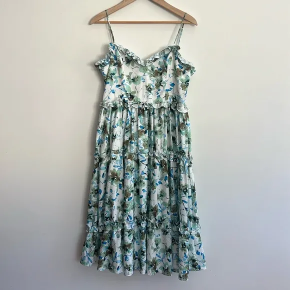 EUC Badgley Mischka Blue white green midi Floral Ruffle Trim Dress Sz 10 spring‎