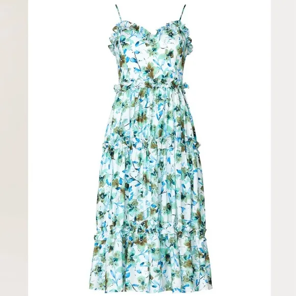 EUC Badgley Mischka Blue white green midi Floral Ruffle Trim Dress Sz 10 spring‎