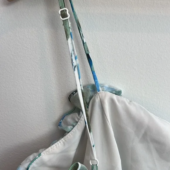 EUC Badgley Mischka Blue white green midi Floral Ruffle Trim Dress Sz 10 spring‎