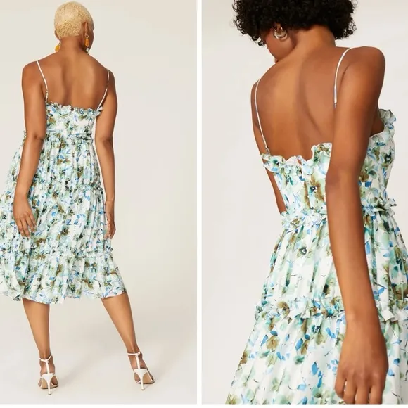 EUC Badgley Mischka Blue white green midi Floral Ruffle Trim Dress Sz 10 spring‎