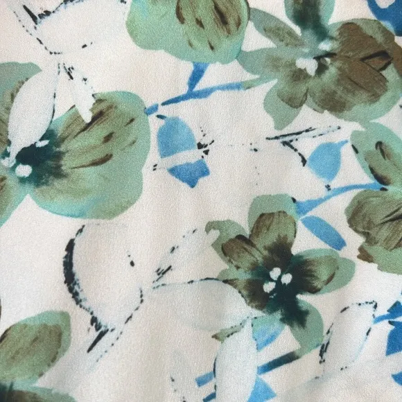 EUC Badgley Mischka Blue white green midi Floral Ruffle Trim Dress Sz 10 spring‎