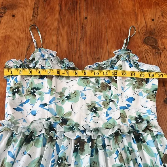 EUC Badgley Mischka Blue white green midi Floral Ruffle Trim Dress Sz 10 spring‎