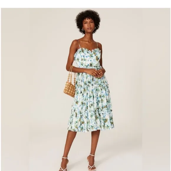 EUC Badgley Mischka Blue white green midi Floral Ruffle Trim Dress Sz 10 spring‎