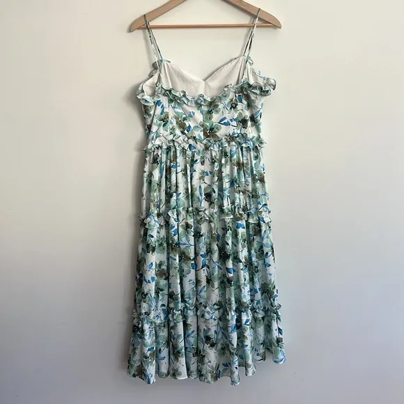 EUC Badgley Mischka Blue white green midi Floral Ruffle Trim Dress Sz 10 spring‎